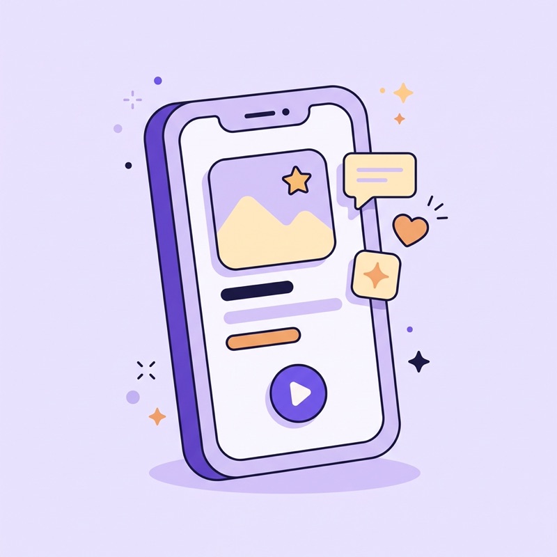 Illustration of a learning app on a phone, with stars, a heart and a chat bubble