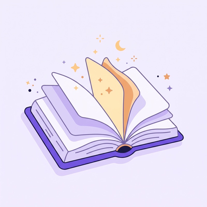 Illustration of an open book with pages lifting, surrounded by stars and a moon