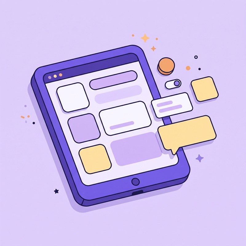 Illustration of a learning platform on a tablet, with cards, a chat bubble and a toggle