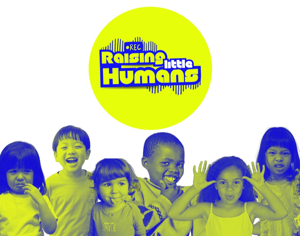 The Raising Little Humans logo above a row of laughing, face-pulling children